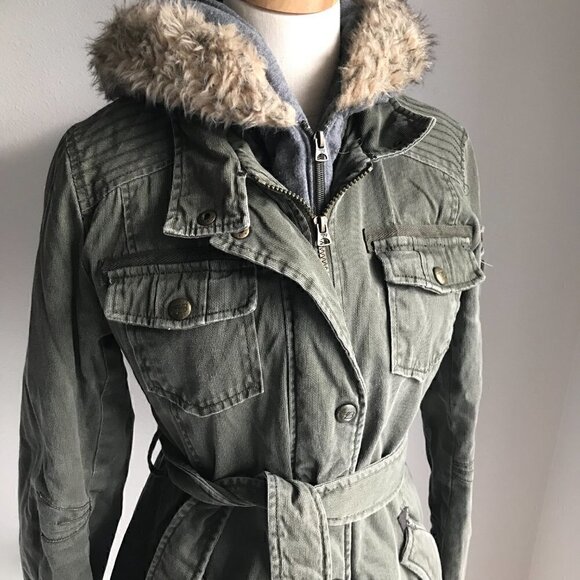 Buffalo David Bitton Outerwear Green Belted Jacket Faux Fur Hood Size M - Picture 2 of 12